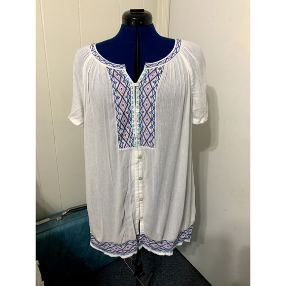 ~ J. Jill Lg Ivory Embroidered Blouse Sheer V-neck Button Up Boho Feminine Beach - Picture 1 of 7